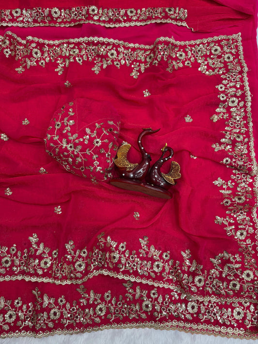 Wonderful  Rani Pink Color Chiffon Saree With Sequins And Embroidery Work For Women