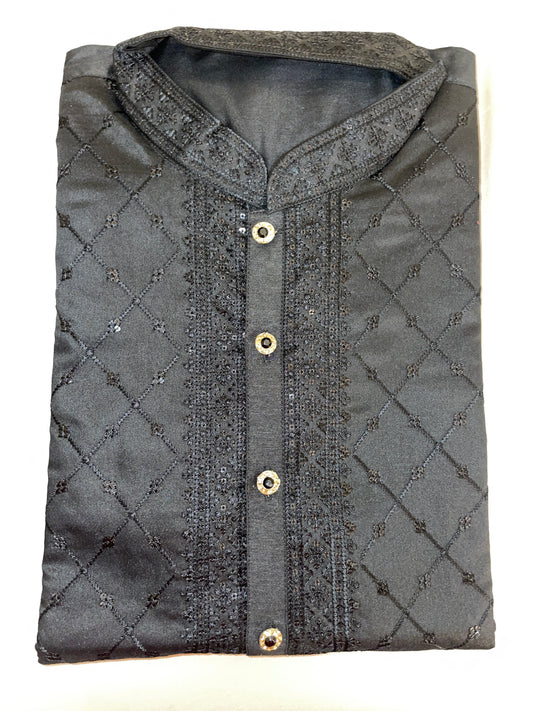 Classic Black Silk Kurta with Intricate Embroidery for Men.