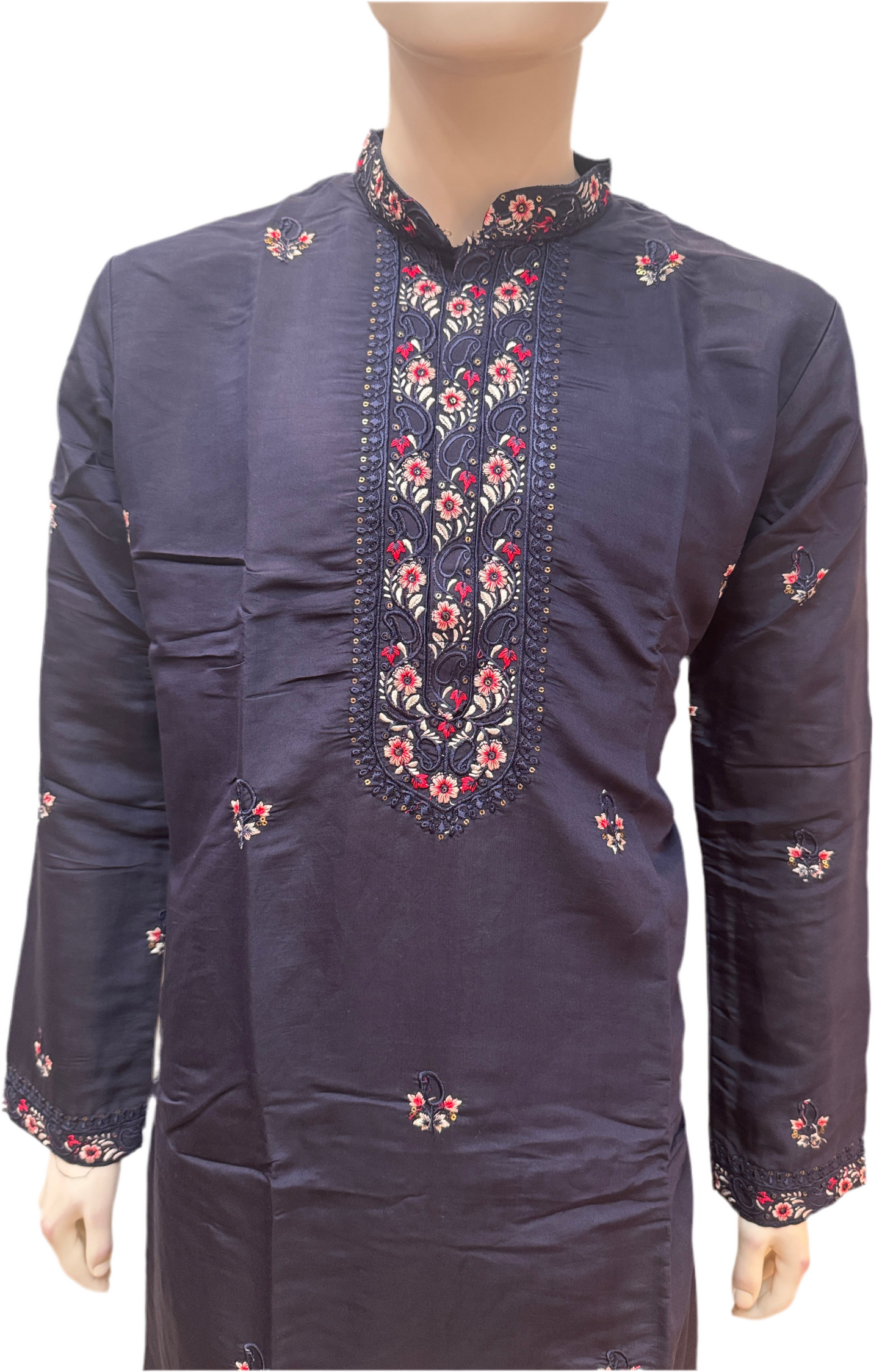 Elegant Navy Blue Color Cotton Embroidery Work Kurta Suits For Men