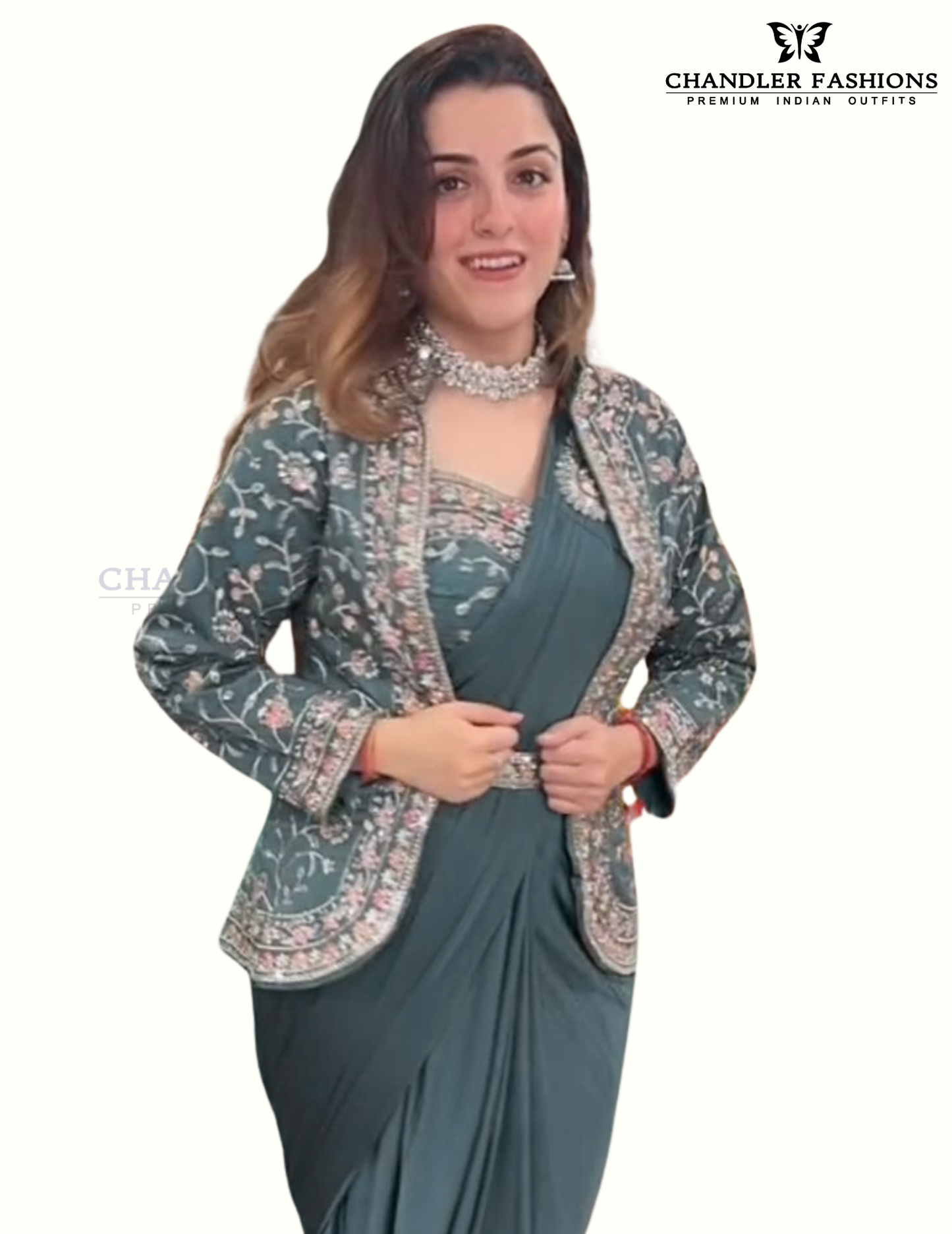 Beautiful Teal Blue Color Rangoli Fabric Ready To Wear Saree With Embroidered Shrug