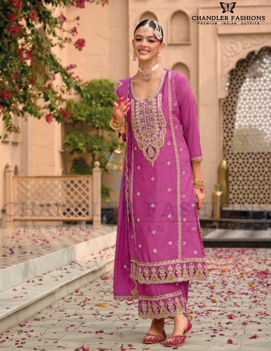 Alluring Pink Color Chinon With Embroidery Work With Palazzo Suits For Women