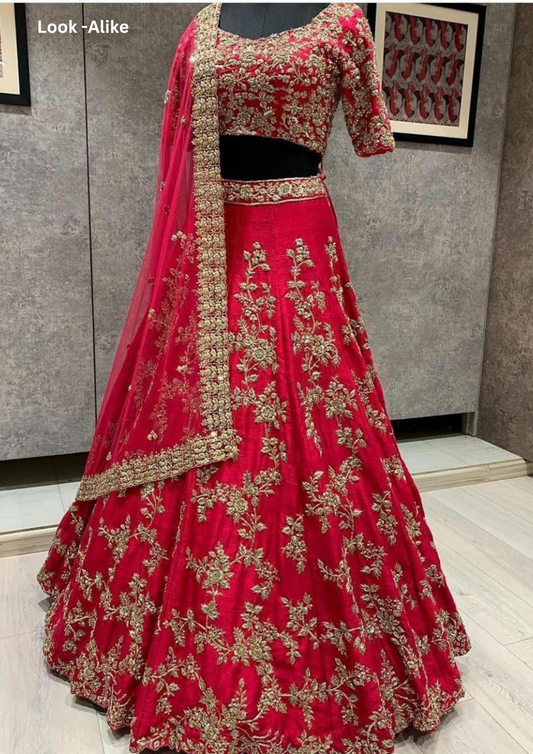 Attractive Red Color Designer Embroidered Satin Silk Lehenga Choli For Women