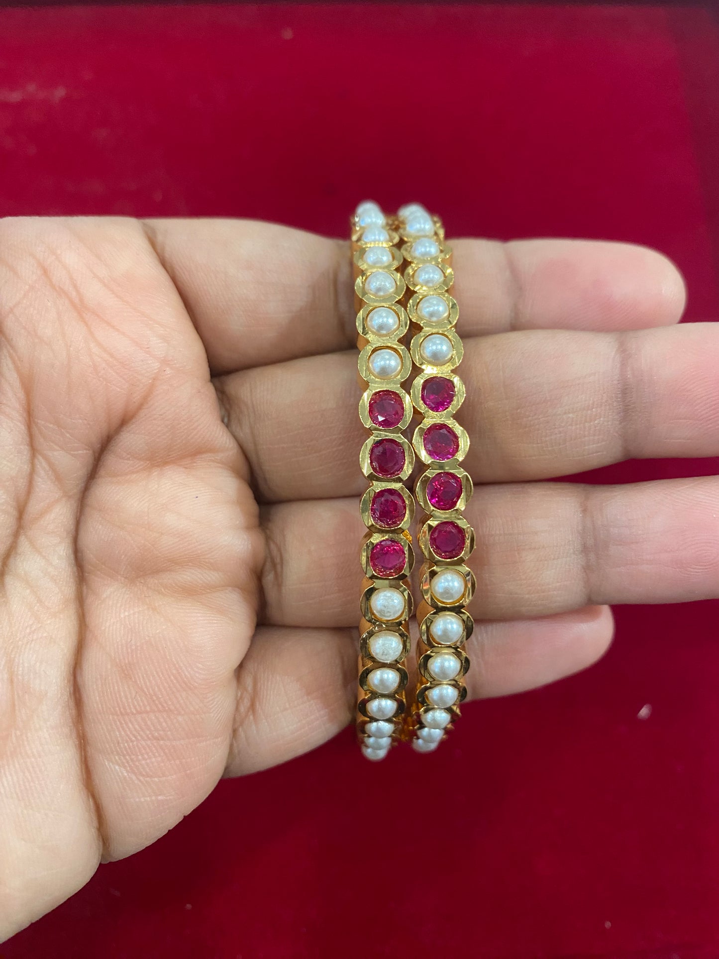 Beautiful Gold Plated With Pink Stones And White Pearls Bangles