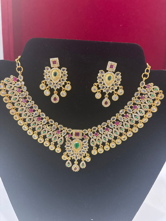 Beautiful Multicolor Stone Gold Plated Necklace With Earrings For Women