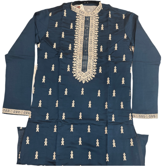 Marvelous Teal Blue Color With Embroidery Work Kurta Suits For Men
