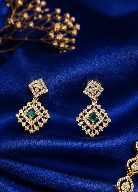 Stunning Emerald Stones Gold Plated Necklace With Earrings For Women