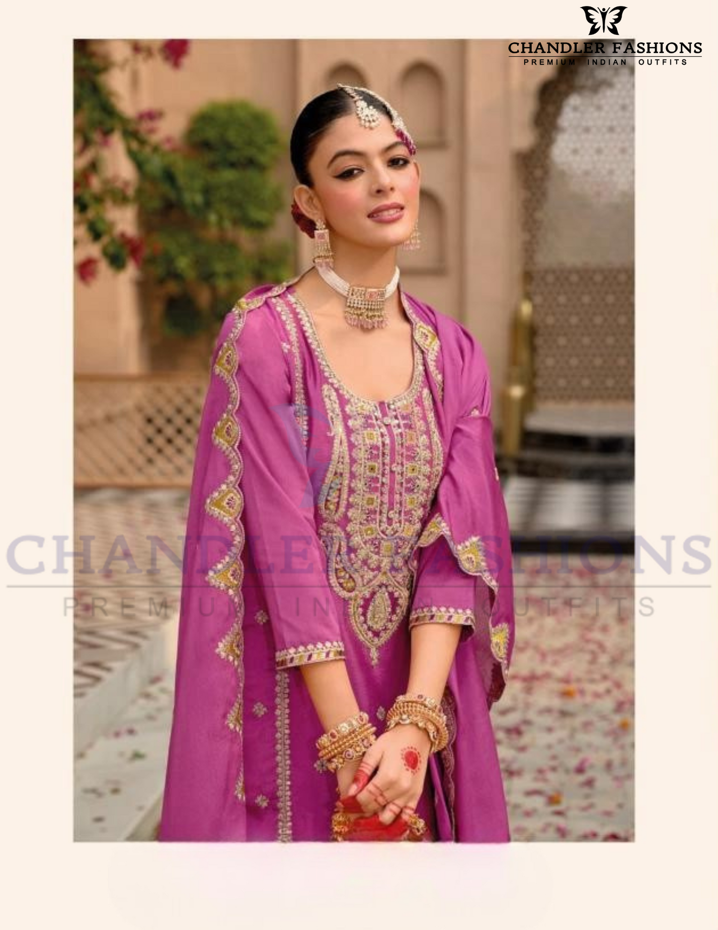 Alluring Pink Color Chinon With Embroidery Work With Palazzo Suits Near Me