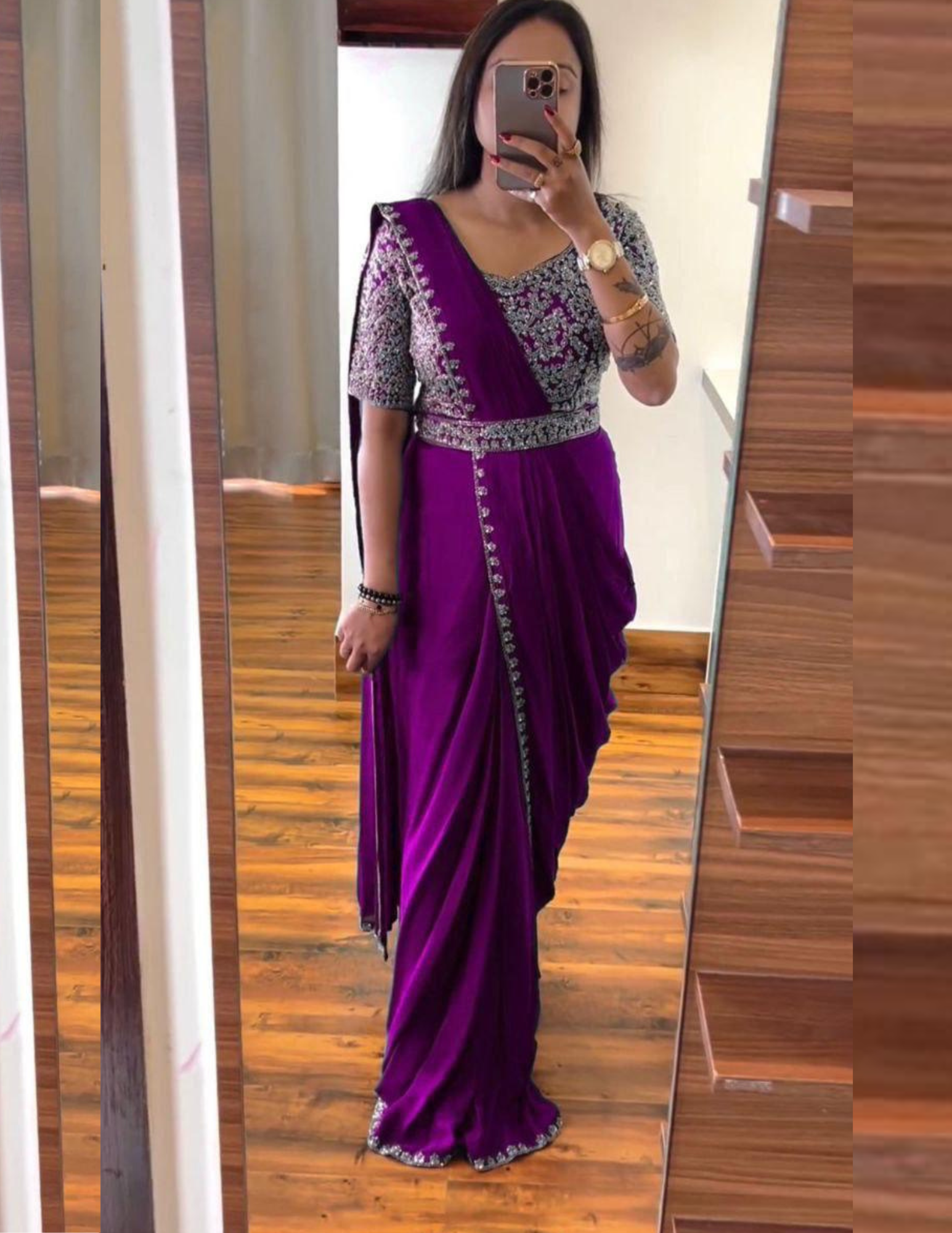 Pleasing Purple Color Chinon With Embroidery Work Ready To Wear Saree For Women