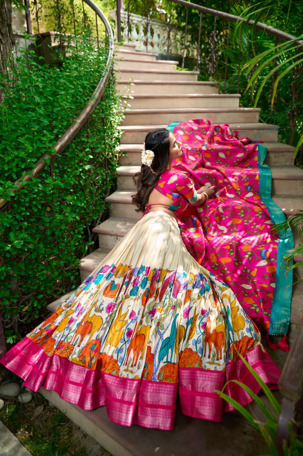 Beautiful Pink Colored Kalamkari Print With Zari Weaving Border Lehenga Choli With Dupatta