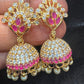 Adorable Dark Pink And White Stones Gold Plated Jhumkas