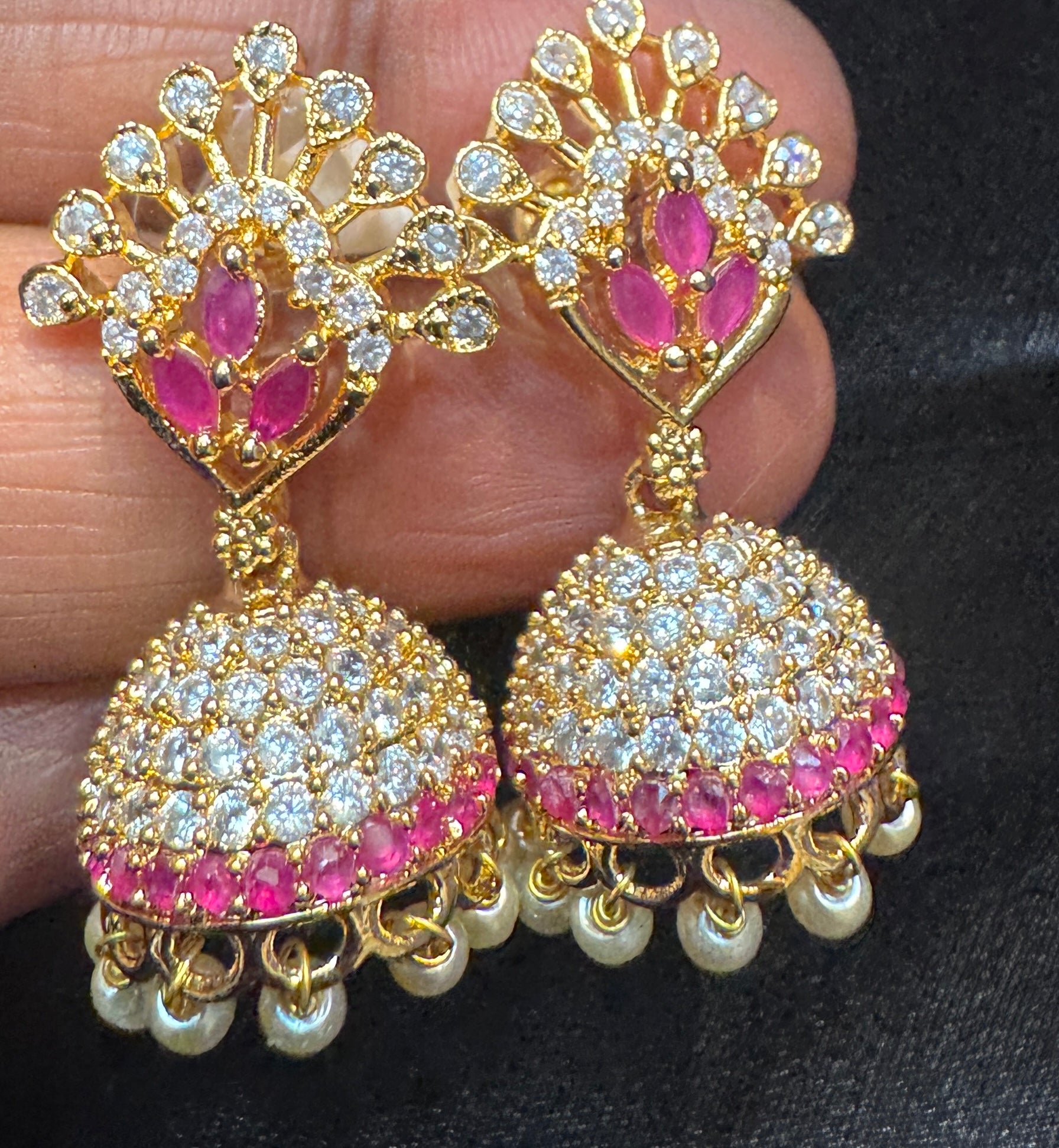 Adorable Dark Pink And White Stones Gold Plated Jhumkas