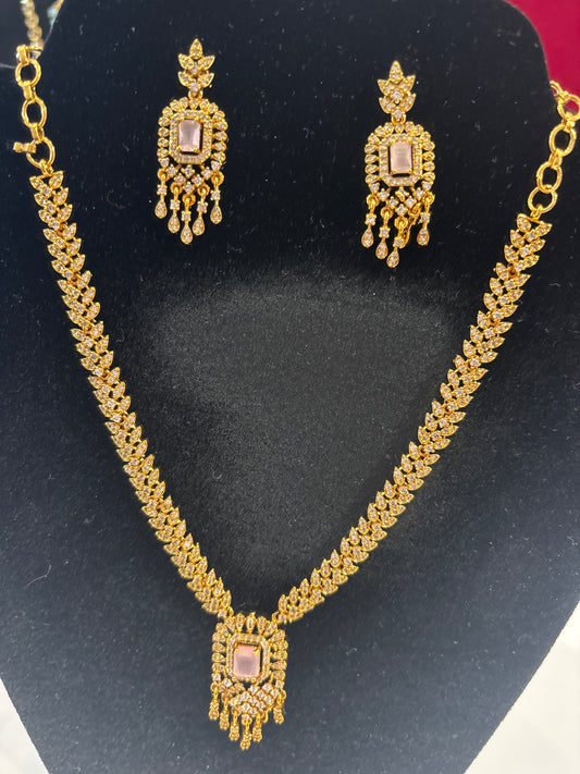 Stunning White And Peach Stones Gold plated Necklace With Earrings Set