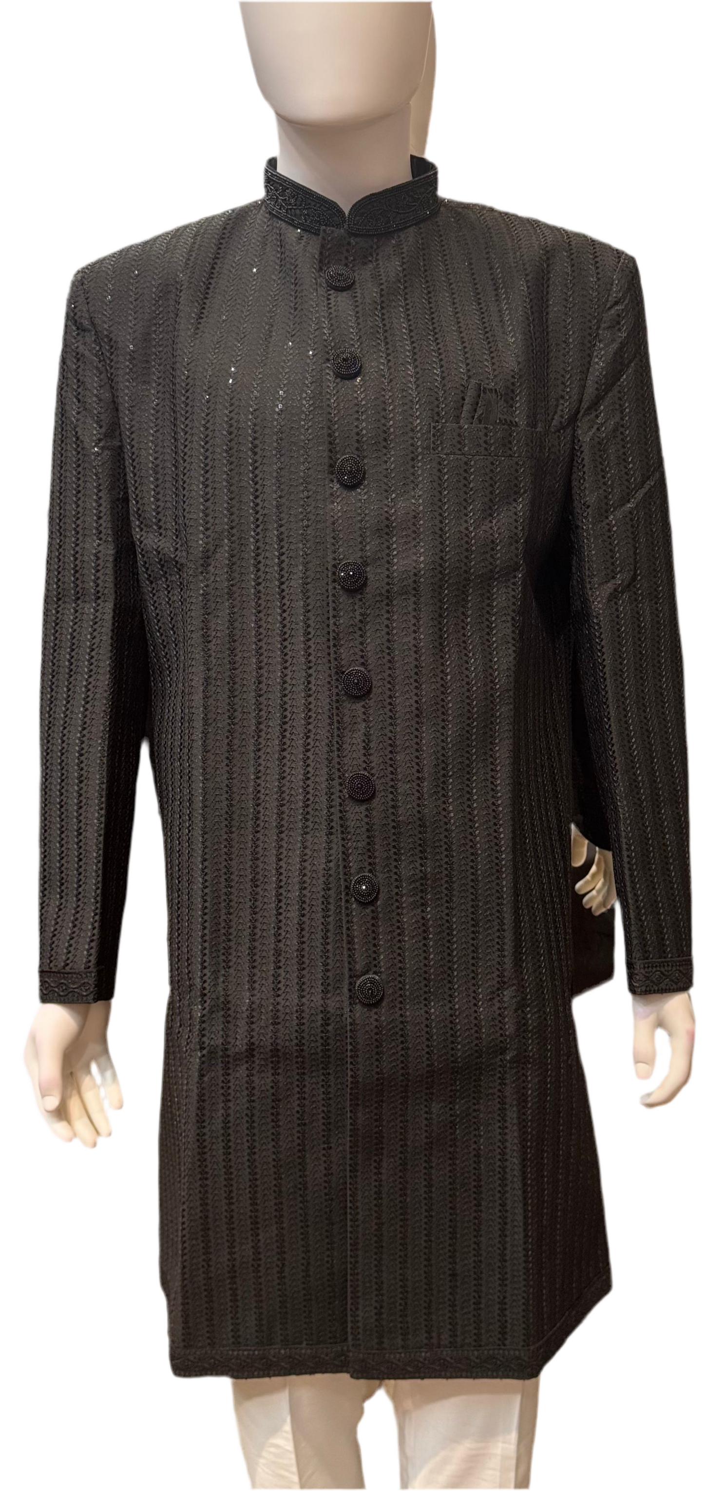 Premium Designer Vivaah Hand Embroidery Silk Sherwani Suit For Men - Black