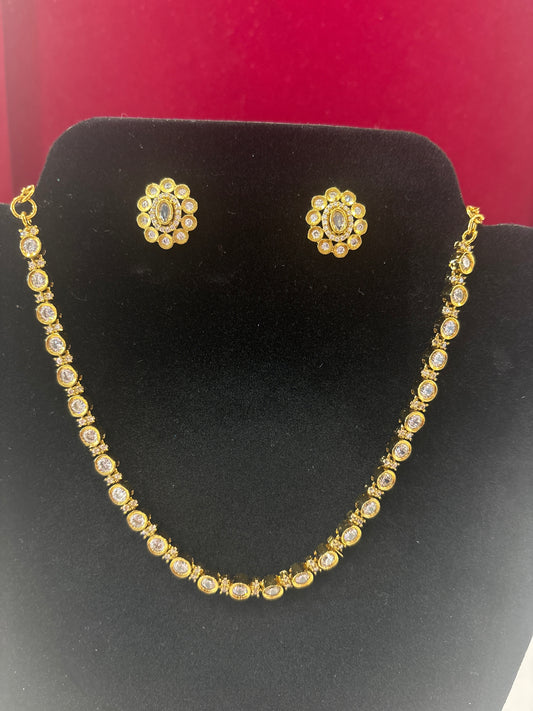Elegant White Stones Studded Gold Plated Necklace With Earrings Set