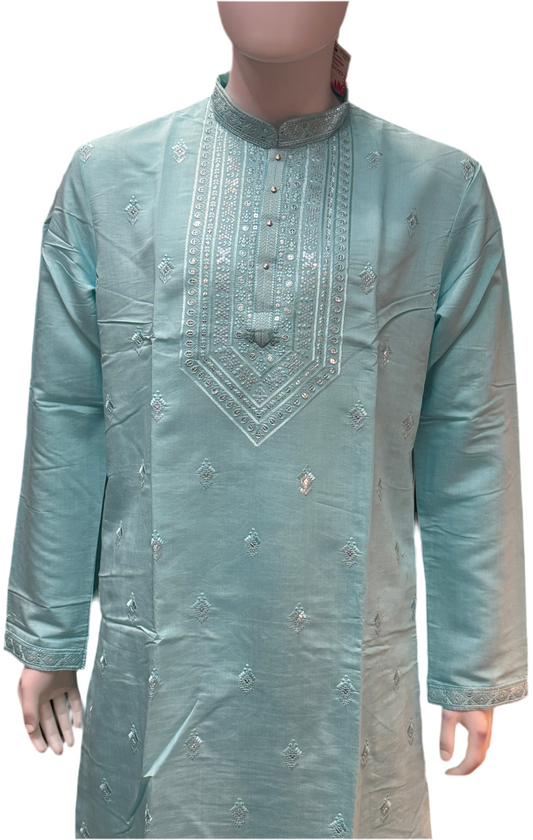 Alluring Sky Blue Color With Cotton Embroidery Work Kurta Suits For Men