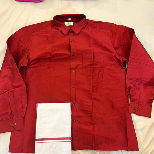 Classy Red Color Full Sleeve Shirt With Cotton Dhoti 