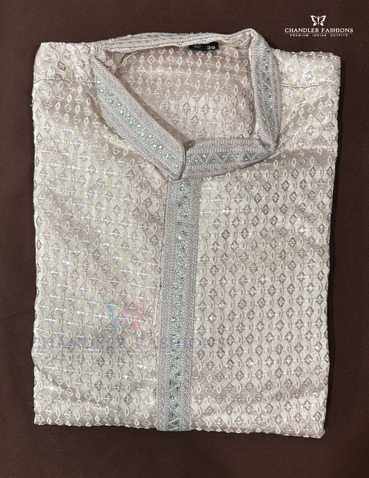 Alluring Light Purple Color Raw Silk With Embroidery And Sequins Work Kurta Suits For Men