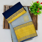 Gray Color Pure Kanchi Silk With Gold Zari Work And Blue Pallu Saree Near Me