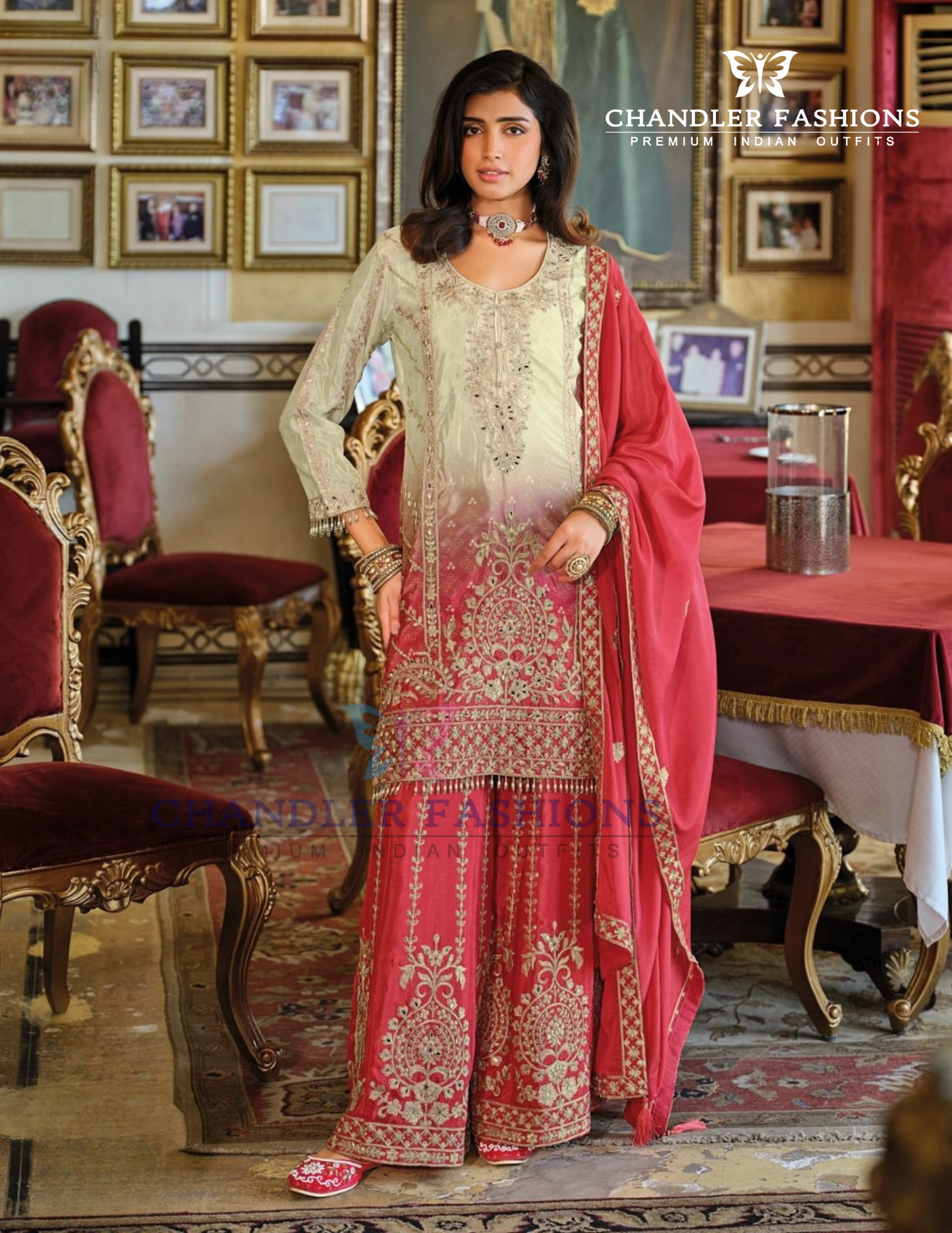 Elegant Red Color Chinon With Digital Print And Embroidery Work Palazzo Suits For Women