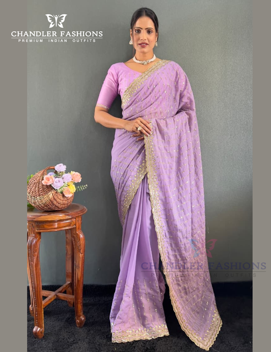 Stunning Lavender Color Georgette Silk Ready To Wear Saree With Embroidery And Sequins Work