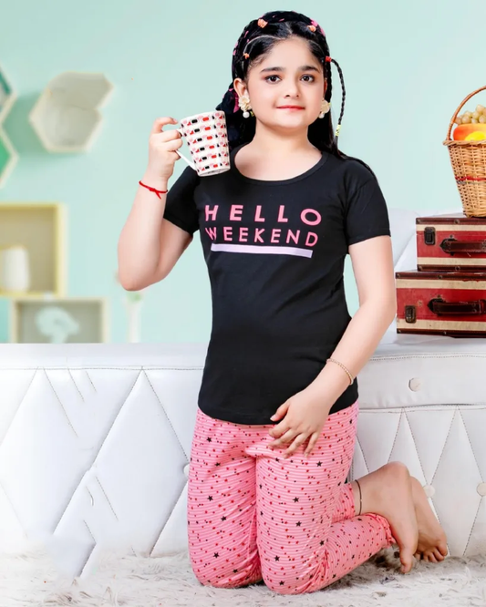 Charming Black And Pink Short Sleeve Round Neck Rich Cotton Pajama Set