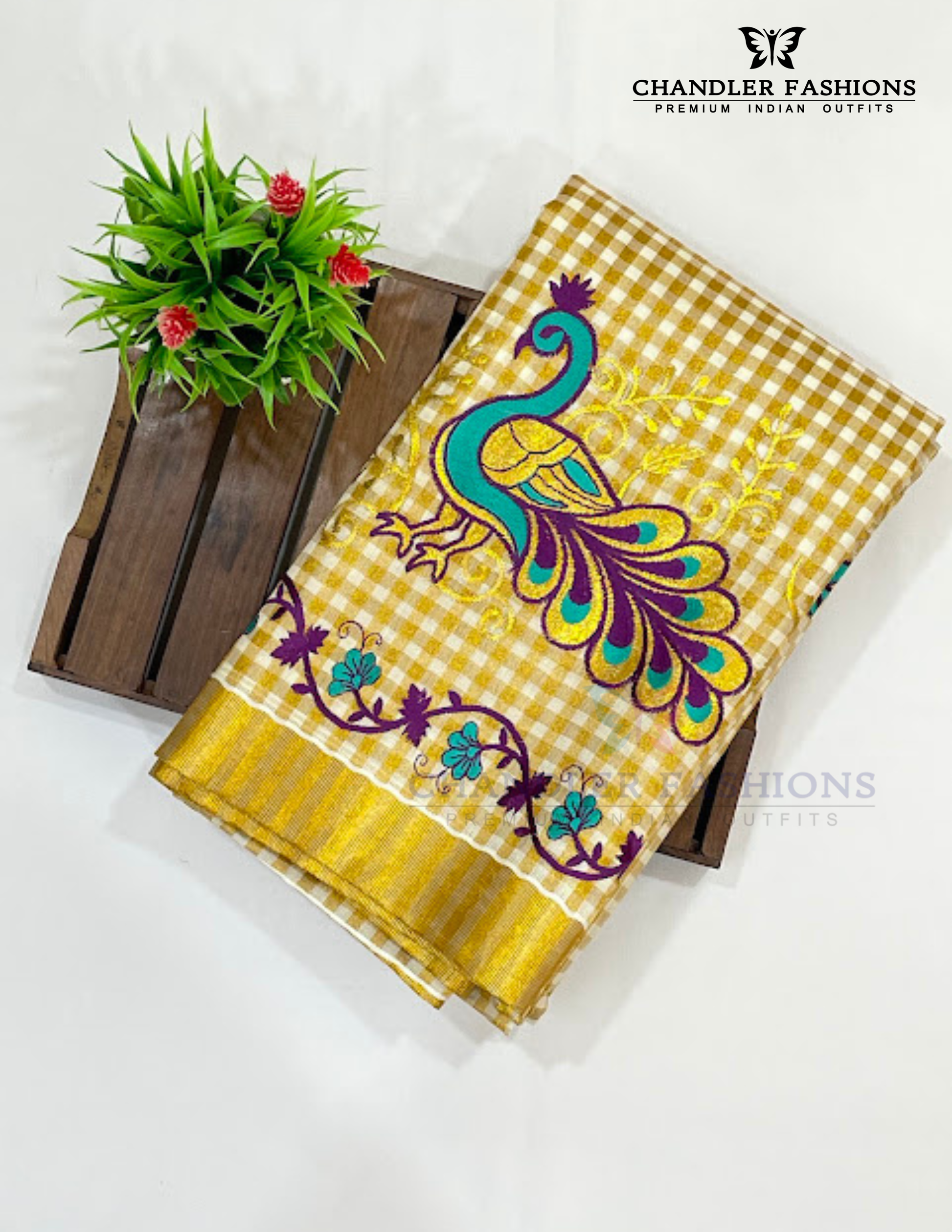 Wonderful Kerala Cotton Peacock Embroidery Saree With Copper Zari Border Near Me