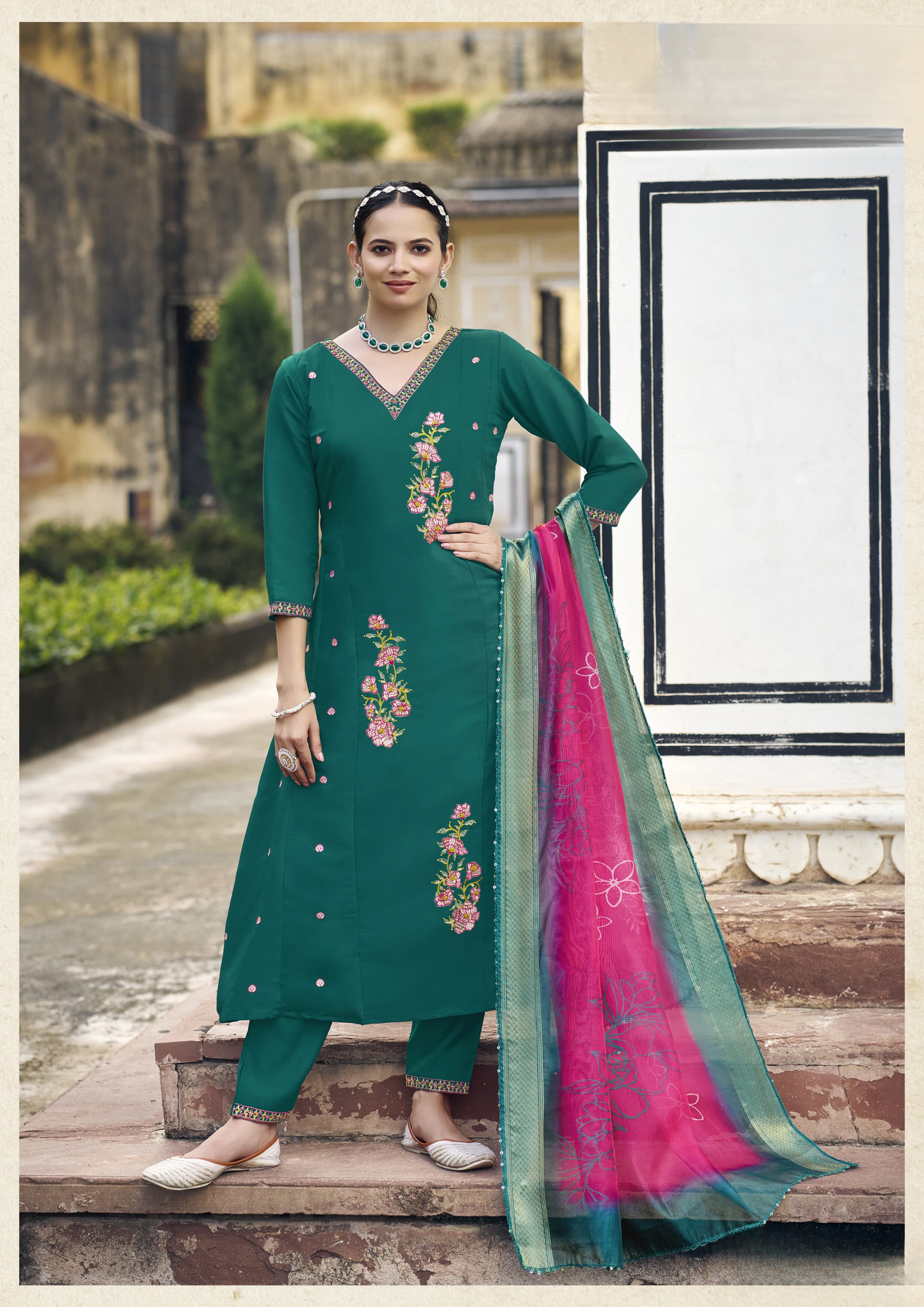 Alluring Green Color Viscose Roman Silk With Sequins Thread Work Kurti Suit For Women