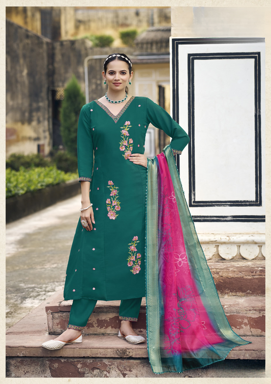 Alluring Green Color Viscose Roman Silk With Sequence Thread Work Kurti Suit For Women