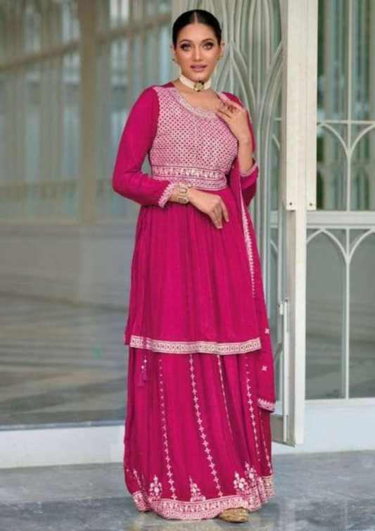 Gorgeous Pink Color Premium Silk Embroidery Designer Kurti