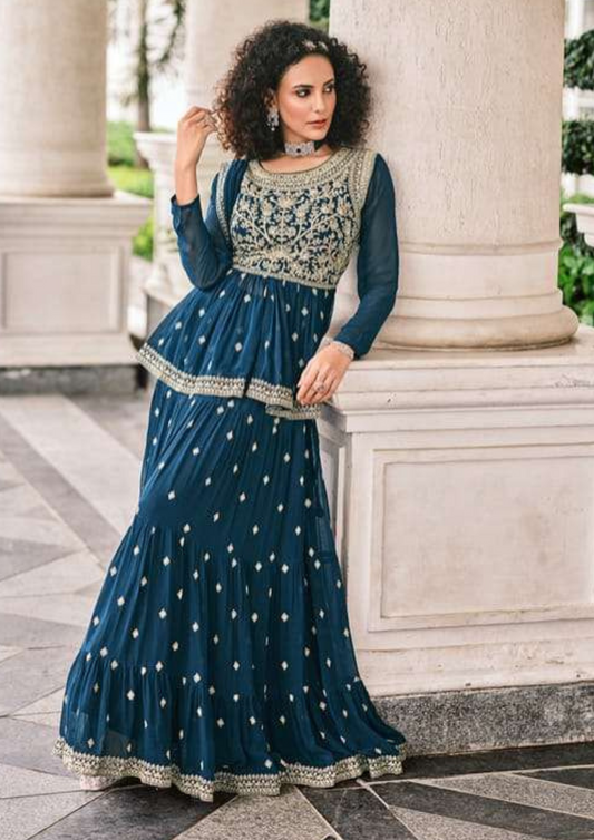 Alluring Blue Color Georgette Embroidered Work Kurti With Palazzo Pants