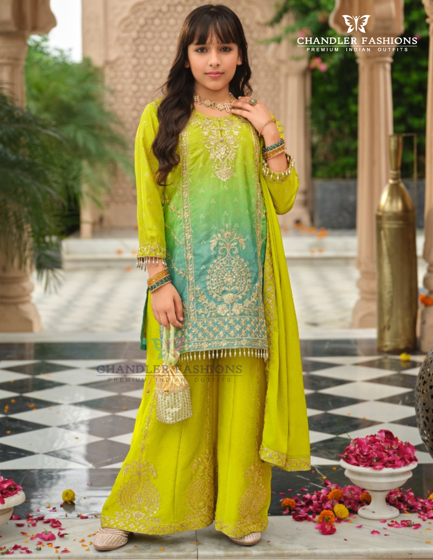 Stunning Lime Green Color Chinon With Embroidery Work Palazzo Suits For Girls