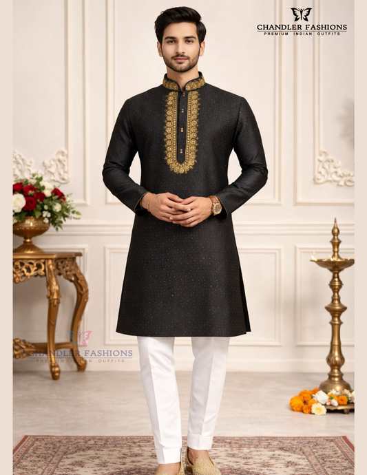 Marvelous Black Color Brocade Designer Men's Kurta With Pajama Pant
