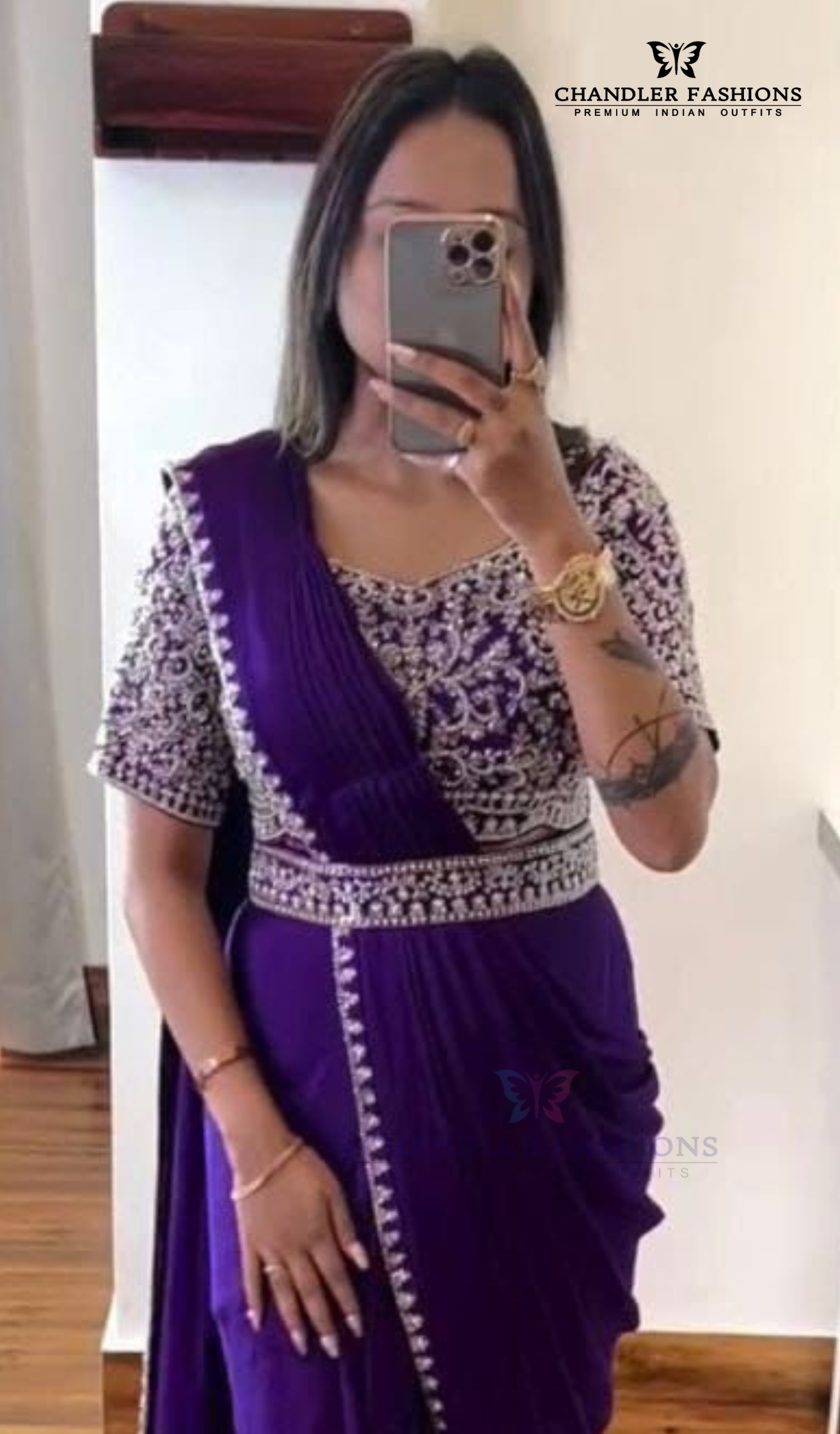 Exquisite Violet Color Chinon Ready To Wear Saree With Embroidery Work Belt Near Me
