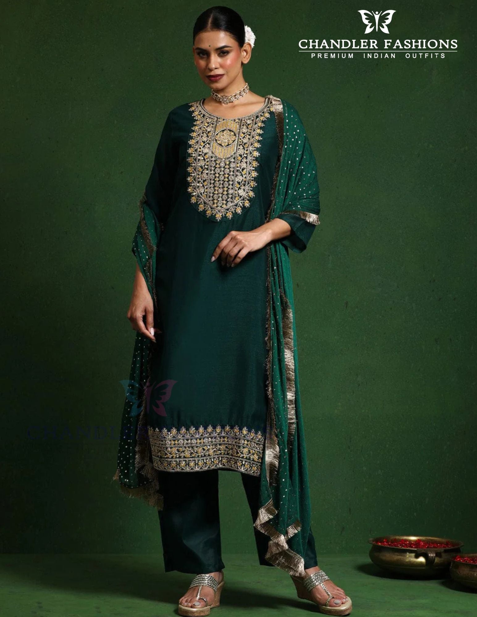 Beautiful Dark Green Color Cotton Silk With Embroidery Work Salwar Suits For Women