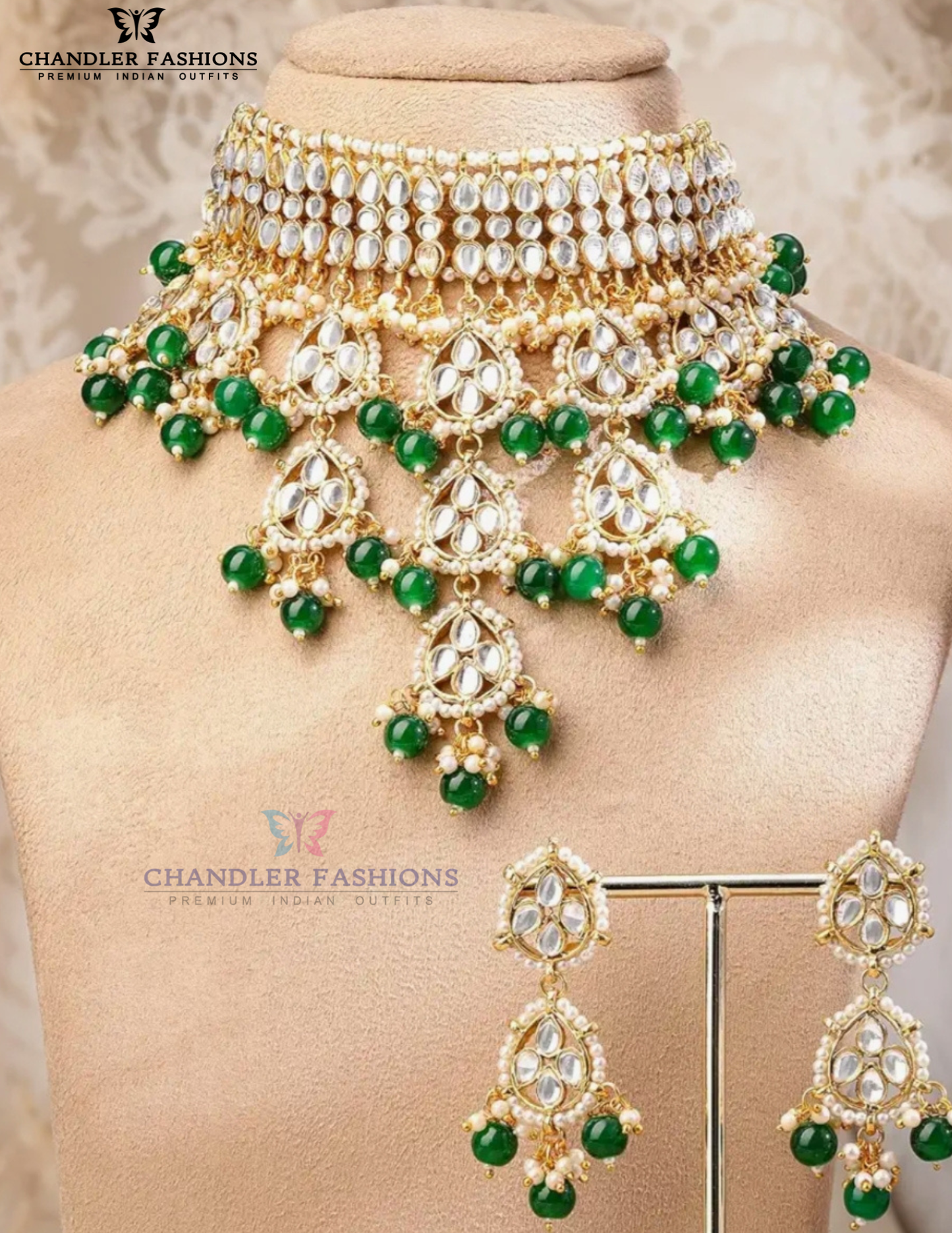 White Stones With Green Pearl Choker Set Near Me