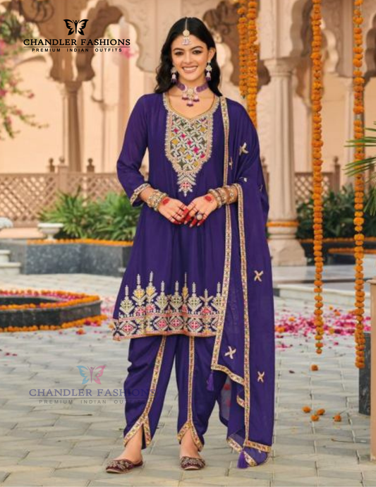 Appealing Dark Violet Color Heavy Chinon With Embroidery Work Kurti Suits For Women