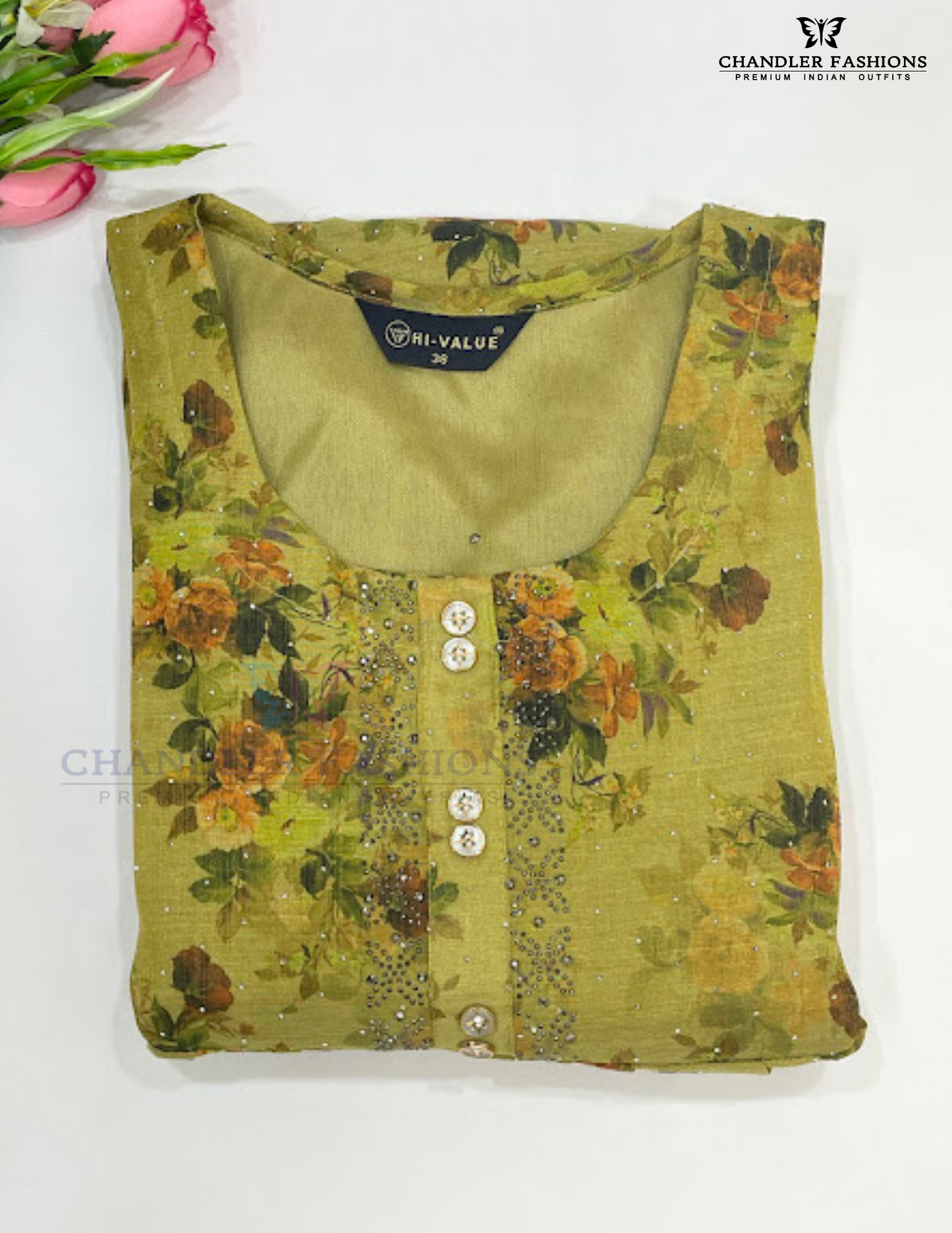Green Color Tissue Silk With Floral Design Kurti In USA