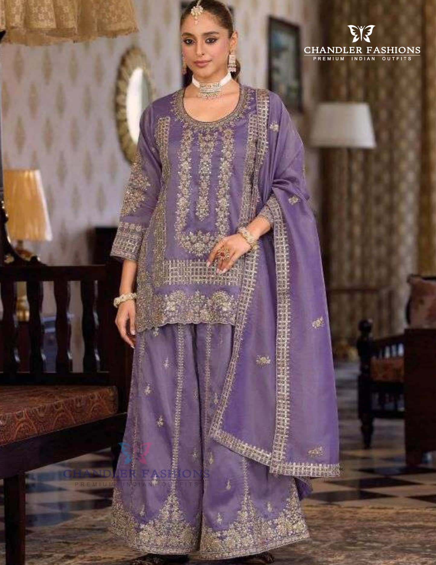 Stunning Purple Color Shimmer Palazzo Suits With Embroidery Work For Women