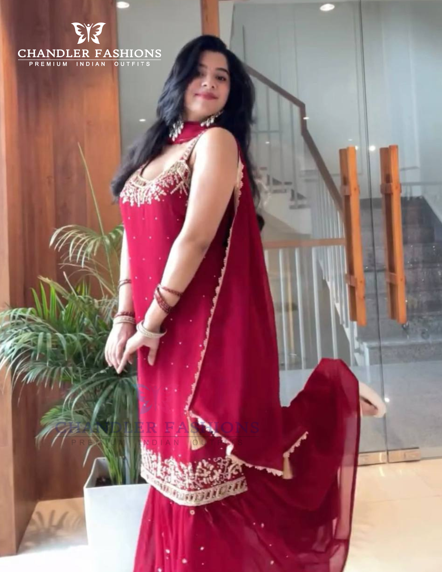 Red Color Georgette Sequins Work Palazzo Suits In USA