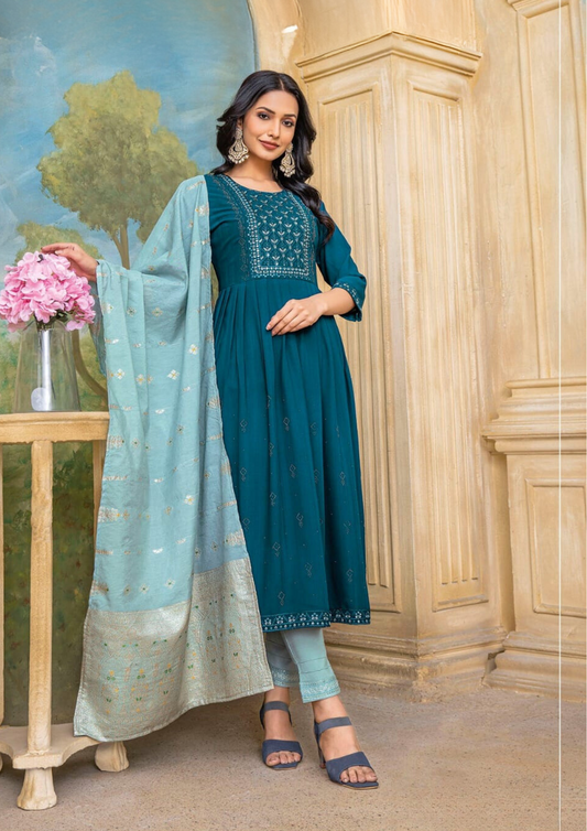 Appealing Teal Blue Color Nylon Viscose Kurti & Suits With Fancy Dupatta