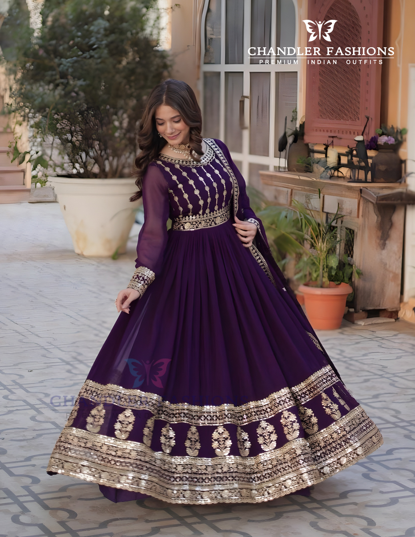 Purple Color Faux Blooming With Embroidery Work Gown In Yuma