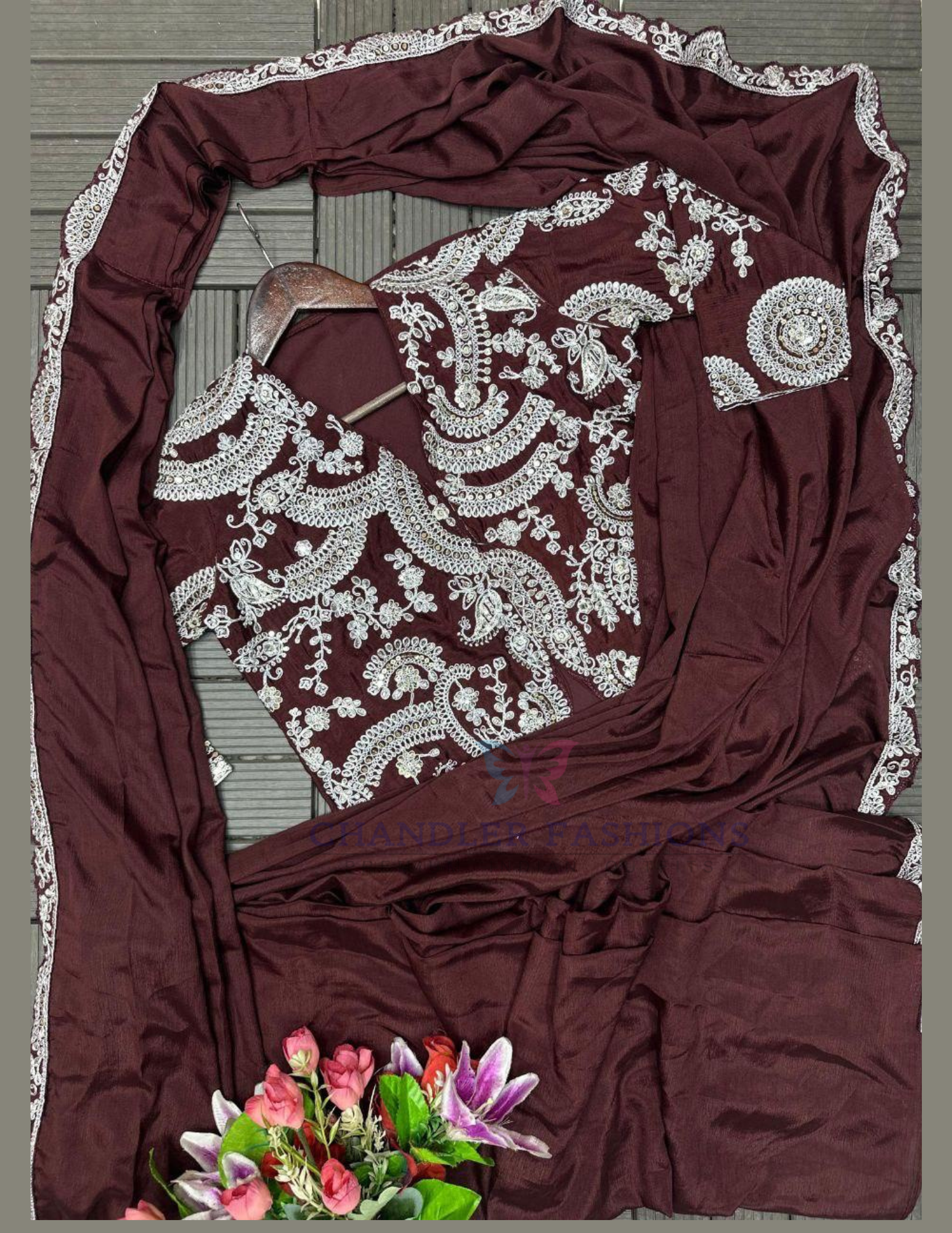 Brown Color Heavy Chinon Ready To Wear Saree In Surprise