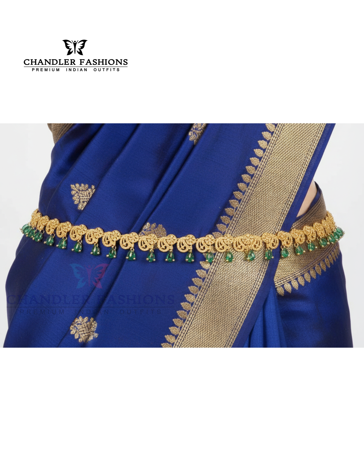 Gorgeous Drop Design American Diamond Dark Green Color Stones Hip Chain