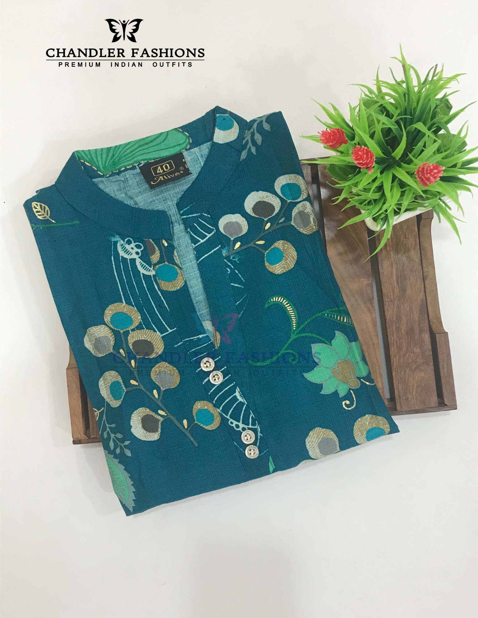 Peacock Blue Color With Printed Work Cotton Kurti In USA