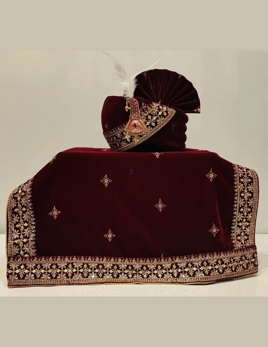 Elegant Maroon Color Men's Wedding Turban With Embroidery And Beads Work