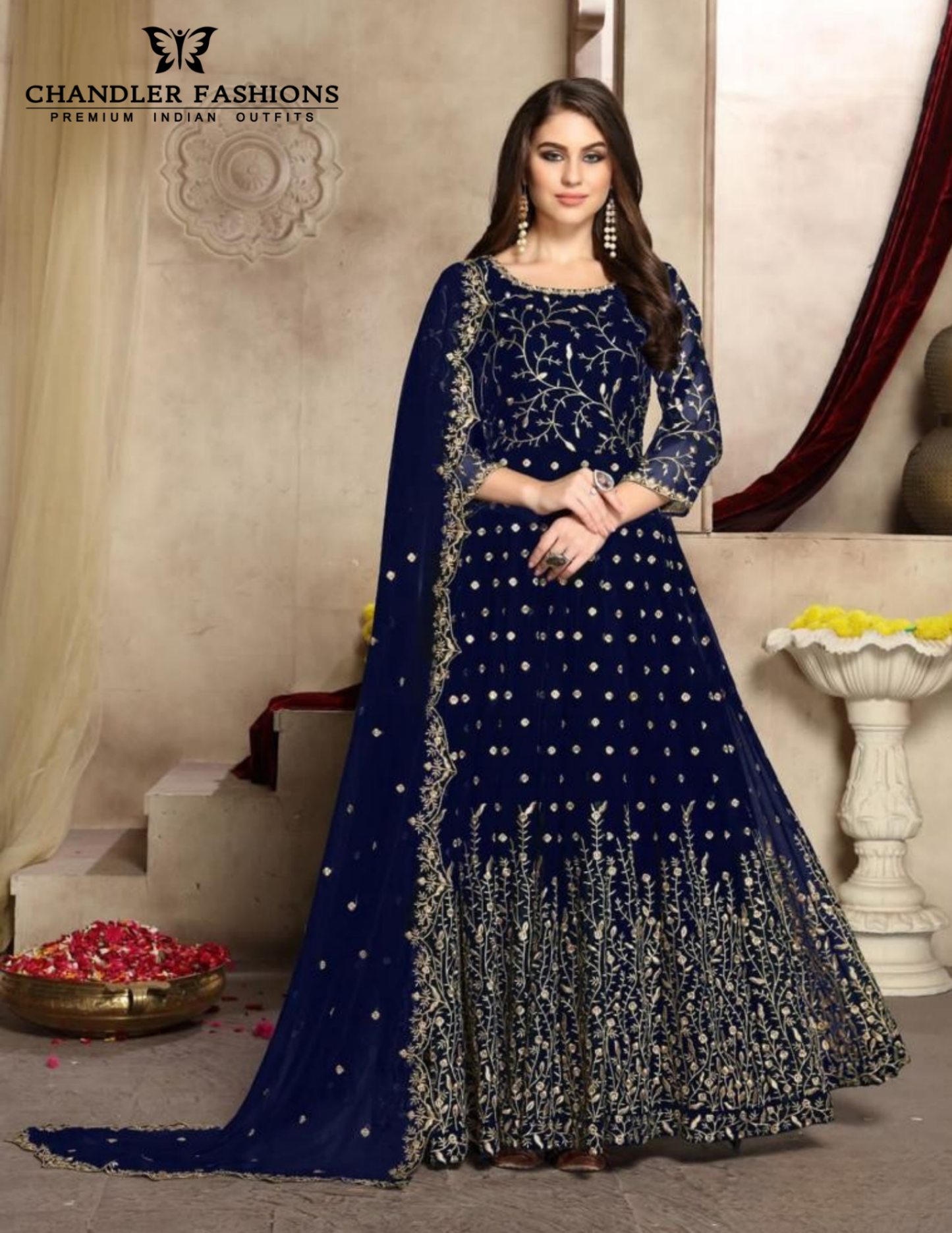 Wonderful Navy Blue Color Heavy Georgette With Embroidery Work Anarkali Suit And Dupatta