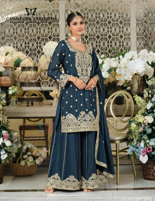 Attractive Teal Green Color Chinon Silk Sequins And Embroidery Work Palazzo Suits For Women