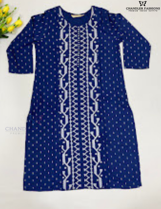 Beautiful Blue Color Printed Work Kurti With Pocket