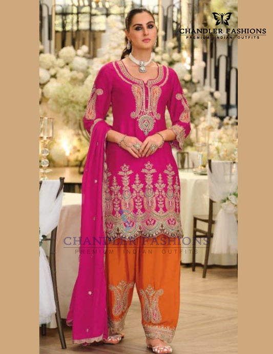 Alluring Pink Color Chinon With Embroidery Work Palazzo Suits And Dupatta