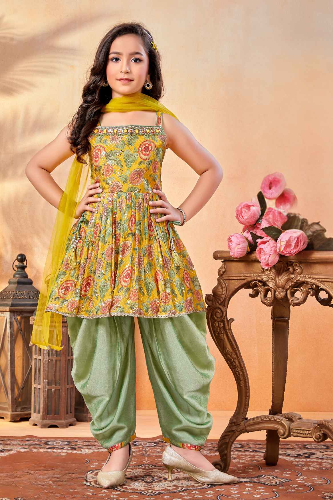 Beautiful Yellow Color Floral Sleeveless Kurti With Dhoti Pants For Girls